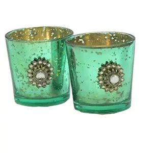 Silver Glass Votive with Jewel Brooch (Set of 2) Turquose
