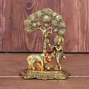 Metal Krishna with Cow Standing Under Tree Plying Flute (Gold 12x8x17cm)