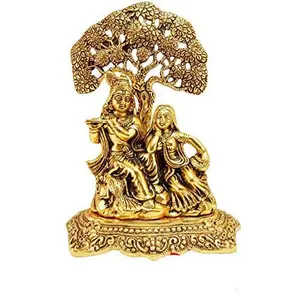 Radha Krishna Silver Plated Showpiece Statue Playing Flute Under Kadam Tree Flower (Standard Size Multicolour)