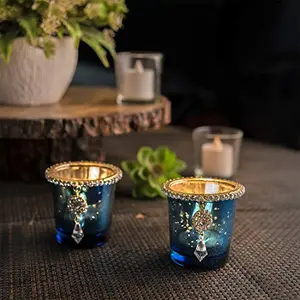 Silver Glass Votive with Jewel Ring and Dangler Blue
