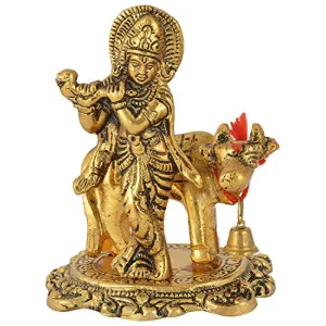 Metal Kamdhenu Cow with Krishna Statue for Home Decor/ Showpiece (Gold)