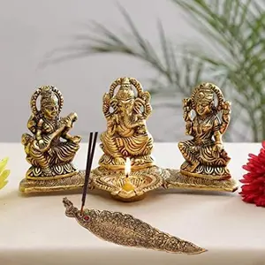 Laxmi Ganesh Saraswati Idol Decorative Platter with Diya and agarwati Stand Diwali Gift