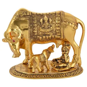 White Metal Kamdhenu Cow Calf and Krishna Figurine - (20 x 14 x 18 cm Gold)