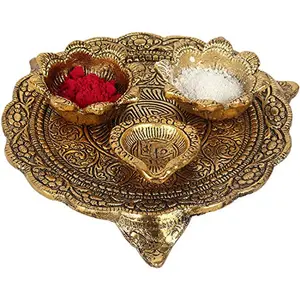 White Metal Gold Plated Pooja Thali Set for Home Decor and Festive Decor