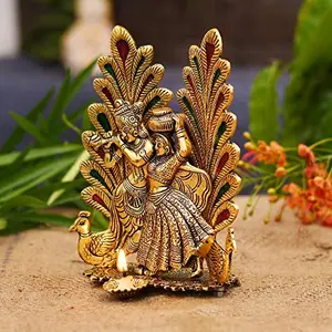 Golden Oxidized Radha Krishna Statue with Diya and Dancing Peacock in Background
