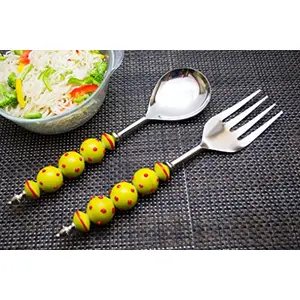 NoodlePasta Server and Serving Spoon Set of 2 Stainless Steel with Yellow Glass Beads- Red Dots