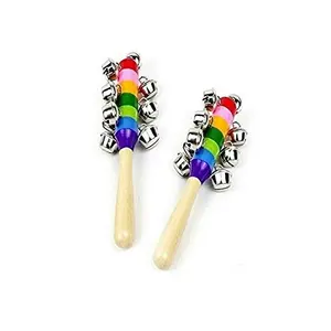 colorful wooden rainbow handle jingle bell rattle toys pack of 2 rattle- Multi color