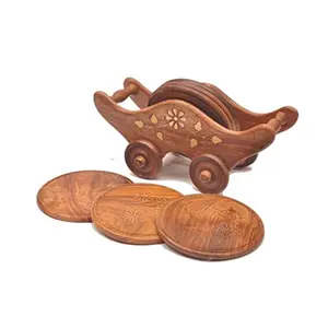 Wooden Trolley Shaped Hand Made Tea Coaster Wooden Trolley Cart Tea Coffee Coaster Set of 6 Handmade Handicraft for Home & Kitchen Dining Table for Cup Glass Decor Gift Item