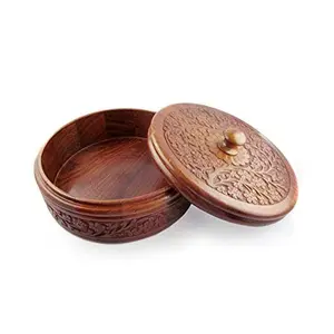 Multipurpose Wooden Casserole with Lid for Chapati (7.5.x7.5x5-inch Outer Dimensions Brown)