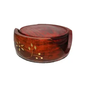 Brown Wooden Sheesham Lotus Coaster Set with Brass Engraving