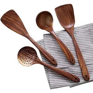 Wooden Cooking Utensils Kitchen Utensil Natural Teak Wood Kitchen Utensils Set - Nonstick Hard Wooden Spatula and Wooden Spoons