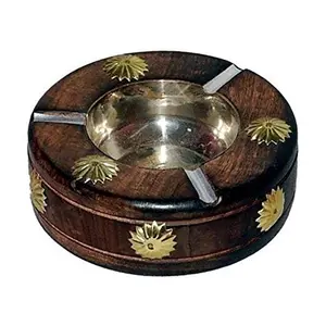 Crafts A to Z Handmade Beautiful Designer Round Shaped Wooden Ashtray with Inlay Work