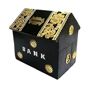 Crafts A to Z Antique Wooden Money Bank Hut Shaped Shape Coin Bank | Piggy Bank for Kids & Adults with Lock | Money Saving Box Decorative Gifts for All (Black) Size (LxBxH-4x4x5) Inch