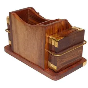 Wooden Mobile Stand Pen Stand and Coaster Set (15 cm 8 cm 9 cm H)