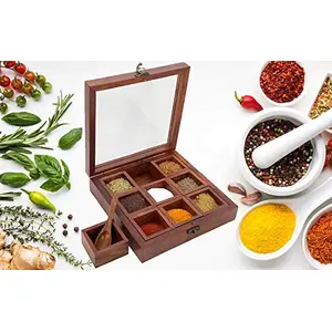 Handcrafted Wooden Spice Box Masala Holder or Spice Rack for Kitchen with Lid 9 Compartments Multi Uses