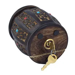 Wooden Bank Barrel Style Piggy Coin Box for Boys and Girls (Brown 5-inch)