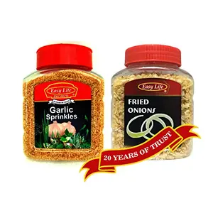 Combo of Roasted Garlic Sprinkles 250g with Fried Onion 100g [for use in Making Crispy Bread Rice and as Bakery Ingredients]
