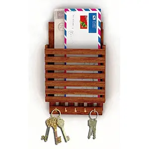 Crafts A to Z Handcrafted Wooden Key Holder Cum Letter Rack with 5 Hooks Key Stand Home Decorative