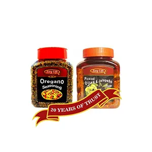 Combo of Oregano Seasoning 250g and Pickled Olives & Jalapeno Relish 475g in Olive Oil [Mixed Pickles or achar for Combo Flavour of Olives and jalapenos Think Italian Fusion Cooking]