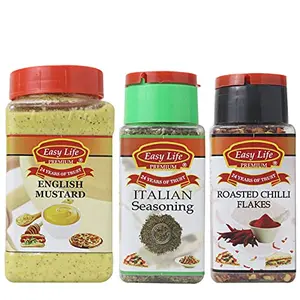 Easy Life English Mustard 325g + Italian Seasoning 30g + Roasted Chilli Flakes 65g (Combo of 3)