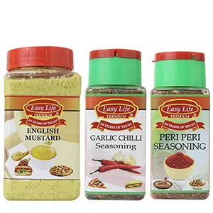 Easy Life English Mustard 325g and Garlic & Chilli Seasoning 45g with Peri Peri Seasoning 75g (Combo of 3)