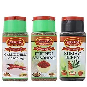 Easy Life Garlic and Chilli Seasoning 45g + Peri Peri Seasoning 75g + Sumac Berry 75g [Pack of Only 3 Spices Herbs Powder and Seasonings]