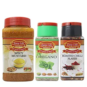 Easy Life Spicy Mustard 325g + Oregano 25g + Roasted Chilli Flakes 65g [Combo of 3 Thick Paste of Sauce Ideal for Barbeque Burgurs Tacos with Dried Leave & Masala]