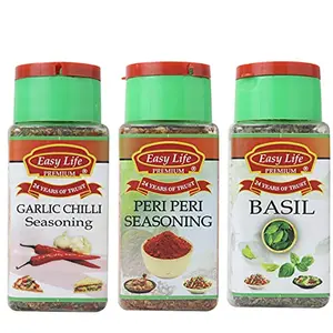 Garlic and Chilli Seasoning 45G + Peri Peri Seasoning 75g + Basil 25g [Pack of Only 3 Spices Dried Leaves Herbs and Seasonings]