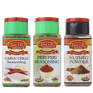 Easy Life Garlic and Chilli Seasoning 45g + Peri Peri Seasoning 75g + Nutmeg Powder 75g [Pack of Only 3 Spices Jaiphal Herbs and Seasonings]