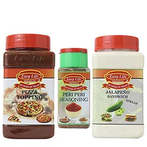 Combo Pack of Pizza Topping 350g and Jalapeno Chilli Sandwich Spread 315g with Peri Peri Seasoning 75g