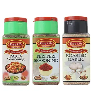 Easy Life Pasta Seasoning 30g + Peri Peri Seasoning 75g + Roasted Garlic 85g [Pack of Only 3 Spices Herbs Spice Granules and Seasonings]
