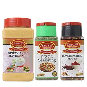 Easy Life Spicy Garlic Mayonnaise 315g + Pizza Seasoning 25g + Roasted Chilli Flakes 65g [Combo of 3 Eggless Mayo perfactly Well with Your Bread & Sandwiches seasn with Herbs & Spices]