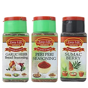 Easy Life Garlic Herb Bread Seasoning 40g + Peri Peri Seasoning 75g + Sumac Berry 75g (Pack of Only 3 Spice Herb and Seasonings)