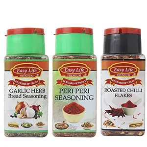 Easy Life Garlic Herb Bread Seasoning 45g + Peri Peri Seasoning 75g + Roasted Chilli Flakes 65 g (Pack of 3)