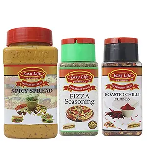 Easy Life Spicy Spread 315g + Pizza Seasoning 25g + Roasted Chilli Flakes 65g [Combo of 3 Enjoy This Sauce with Chicken Sandwich Samosa & Fried Foods with Herbs and Spices]