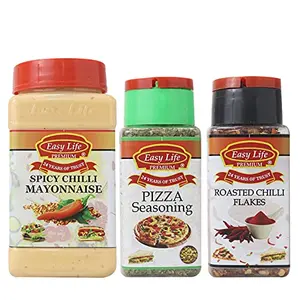 Easy Life Spicy Chilli Mayonnaise 315g + Pizza Seasoning 25g + Roasted Chilli Flakes 65g [Combo of 3 Fabulous Spread for sandwichs & Burgers with Sprinkle of Spices and Herbs]