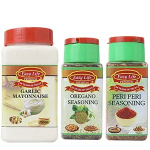 Easy Life Garlic Mayonnaise 315g and Oregano Seasoning 60g with Peri Peri Seasoning 75g (Combo Pack of 3)