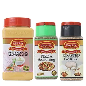 Easy Life Spicy Garlic Mayonnaise 315g + Pizza Seasoning 25g + Roasted Garlic 85g [Combo of 3 Thick Creamy & Rich Dip with Flavour of Garlic Seasonings & Spices]