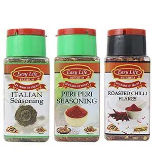 Easy Life Italian Seasoning 25g + Peri Peri Seasoning 75g + Roasted Chilli Flakes 65g (Combo Pack of 3 Spice Herb and Seasonings)