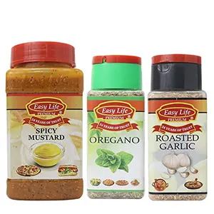 Easy Life Spicy Mustard 325g + Oregano 25g + Roasted Garlic 85g [Combo of 3 Yummy Dipping Sauce Sprinkle with Spice-ES & Dried Herbs]