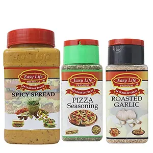 Easy Life Spicy Spread 315g + Pizza Seasoning 25g + Roasted Garlic 85g [Combo of 3 Veg Sandwich Mayo with Mix Herbs Sprinkle]