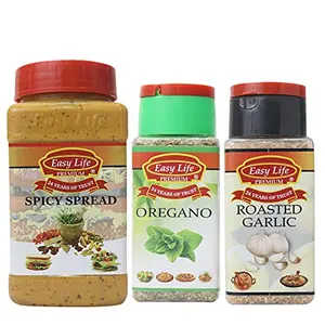 Easy Life Spicy Spread 315g + Oregano 25g + Roasted Garlic 85g [Combo of 3 Sauce Herbs & Spice-ES]