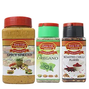 Easy Life Spicy Spread 315g + Oregano 25g + Roasted Chilli Flakes 65g [Combo of 3 Flavourful Dip and Sauce with Spice-ES & Herb]