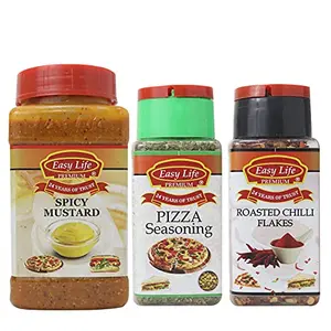 Easy Life Spicy Mustard 325g + Pizza Seasoning 25g + Roasted Chilli Flakes 65g [Combo of 3 Perfect as a Sauce Dip & Marinade with Mix Herbs]