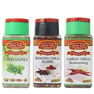 Easy Life Oregano 25g + Roasted Chili Flakes 65g + Garlic and Chilli Seasoning 45g (Pack of Only 3 Spice Herb and Seasonings)