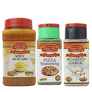 Easy Life Spicy Mustard 325g + Pizza Seasoning 25g + Roasted Garlic 85g [Combo of 3 Yummy Sauce use it with Falvourful Herb & Spice for a Kick of Taste]