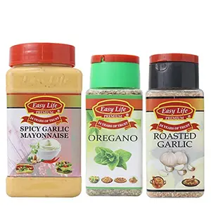 Easy Life Spicy Garlic Mayonnaise 315g+ Oregano 25g + Roasted Garlic 85g [Combo of 3 Flavour of Mayo with Herbs and Spices take Your Dishes to The Next Level]
