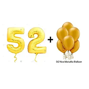 Number 52 Gold Foil Balloon and 50 Nos Gold Color Latex Balloon Combo