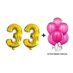Number 33 Gold Foil Balloon and 50 Nos Pink Color Latex Balloon Combo