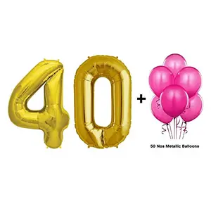 Number 40 Gold Foil Balloon and 50 Nos Pink Color Latex Balloon Combo